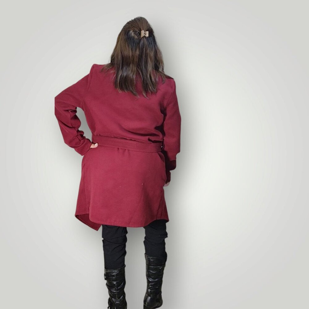Revamped Red Wrap Style Trench Coat Wide Collar Waterfall Lapel Women's Medium - Picture 6 of 8